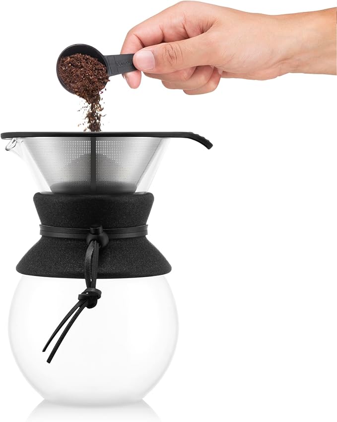 Bodum 34oz Pour Over Coffee Maker, High-Heat Borosilicate Glass with Reusable Stainless Steel Filter and Black Cork Grip - Made in Portugal