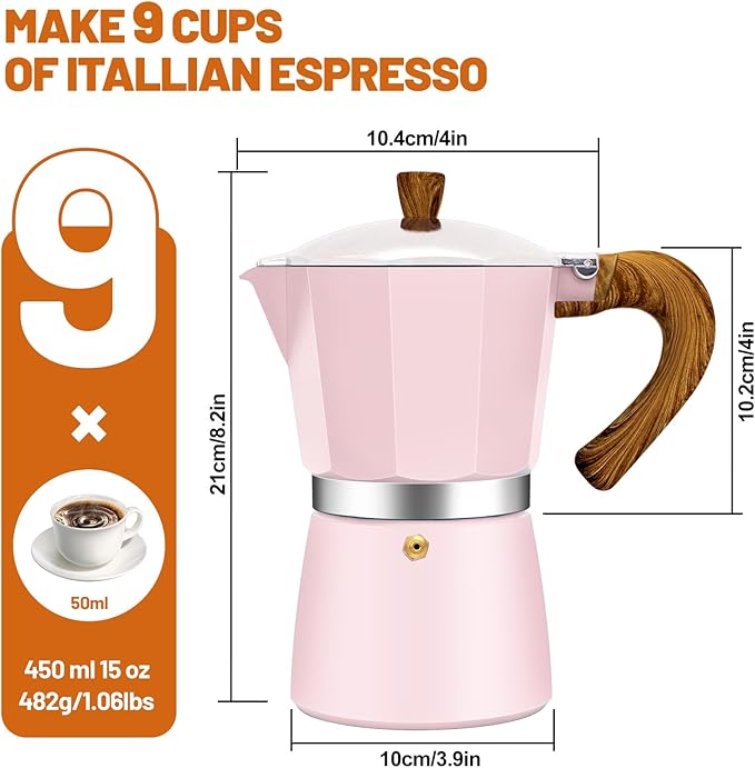 9 Cup Aluminum Espresso Stovetop Moka Pot Express Coffee Maker Percolator Italian Classic Mocha Coffee Machine for Italian and Cuban Cafe Brewing for Home & Camping 450ml 15oz