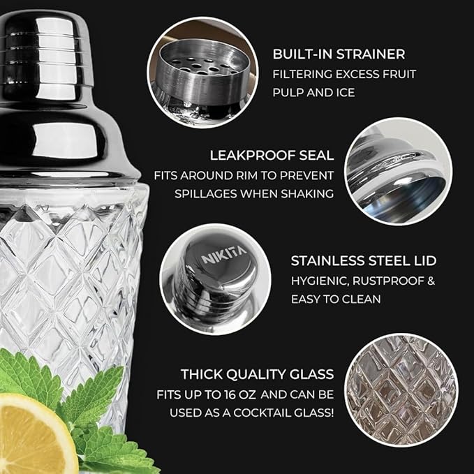 Nikita Cocktail Shaker, 5-Piece Martini Shaker & Bartender Kit with Bar Accessories Strainer, Jigger, Spoon & Muddler, Silver 16oz Drink Mixer with Bartender Accessories