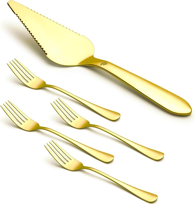 Eisinly 1 Pcs Cake Pie Server and 4 Forks Set for Wedding, Elegant Pizza Slicer Server Set with Stainless Steel Big Serrated Edges, Cake Cutter Pie Spatula for Birthday Anniversary, Gold