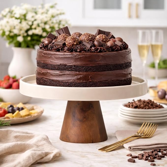 Gibson Elite 10.7-Inch Stoneware Cake Stand with Acacia Wood Base – Taupe Round Dessert Display Stand for Cakes, Cupcakes & Party Entertaining