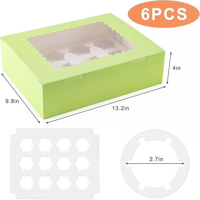 Hoewina 6PCS Cupcake Boxes - Hold 12 Count Cupcake Containers with Window, Food Grade Cupcake Holder Easy Transport and Presentation - Ideal for Cupcakes, Desserts, and More (Light Green)