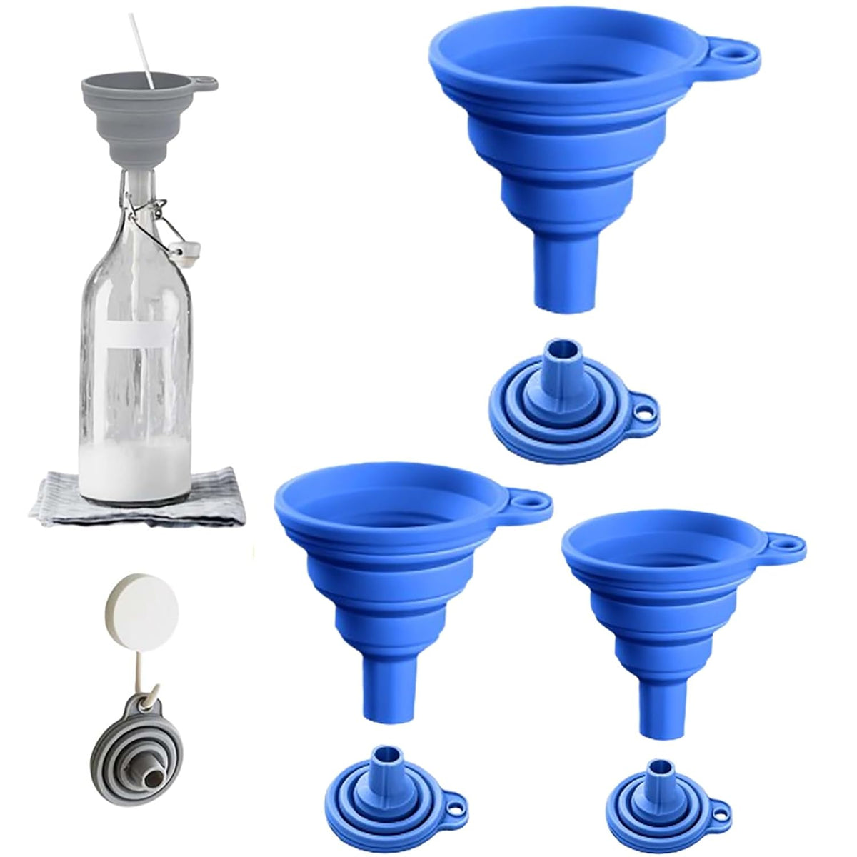 Kitchen Funnel Set, 2025 Upgrade Silicone Collapsible Funnel Silicone Collapsible Food Funnels for Kitchen 3 Sizes Funnels for Home Use Filling Bottles Daily Cooking (Blue, 1Set 11+14+20g)