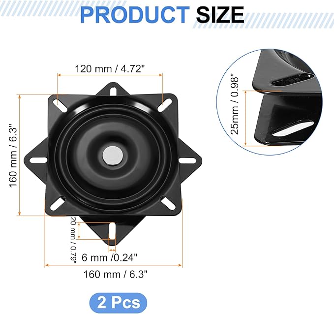 uxcell 2Pcs 6.3" Bar Stool Swivel Replacement, 360° Rotation Lazy Susan Turntable, Square Semi-Ball Bearing Seat Swivel Base Mount Plate for Recliner Chair or Table, Black (160x1.5mm)