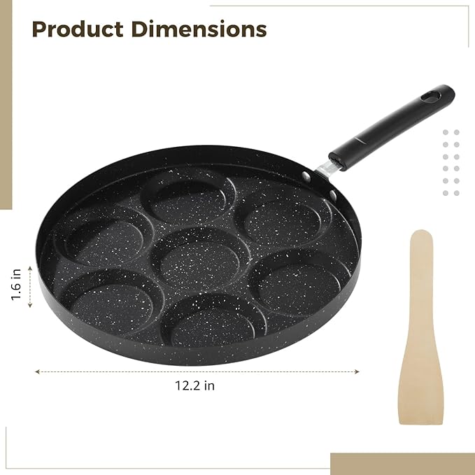 Egg Frying Pan with Anti-scalding Handle, Black Metal Nonstick Maifan Stone Coating Breakfast Frying Pan, Versatile Cooking Tool for Induction Cooker, Gas Stoves (7-Slot Egg Frying Pan)