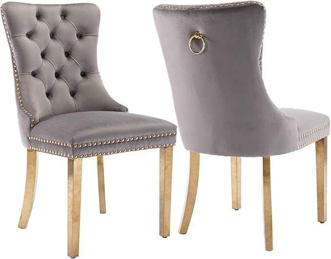 Grey Velvet Dining Chairs Set of 2, Upholstered Dining Room Chairs with Back Ring Pull Trim and Golden Stainless Steel Legs,Modern Kitchen Chairs for Dining Room,Living Room,Kitchen(Grey)