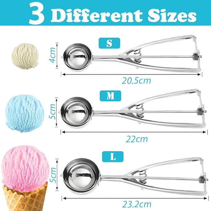Gold Ice Cream Scoop 304 Stainless Steel Cookie Scoops for Baking Melon Baller with Trigger 3 Sizes (Silver, S)