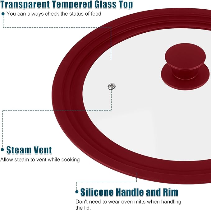 Universal Lid for Pots Pans and Skillets, 2 Pack Pan Cover fit 7", 8" 9" & 10", 11", 12" Diameter Cookware, Silicone Replacement Pan Lid Pot Lids for Frying Pans, Cast Iron,Tempered Glass Lid (Red)