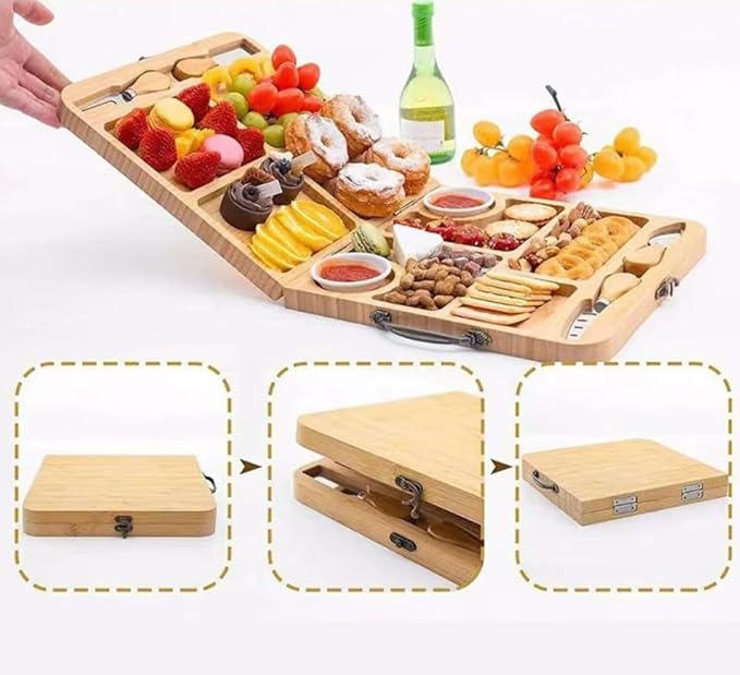 OUTMX Bamboo Cheese & Charcuterie Board Set, Large Foldable Cutting Board with Knife, Snack and Fruit Platter for Cheese, Bread, Butter – Perfect Wedding, Bridal Shower & Party Gift