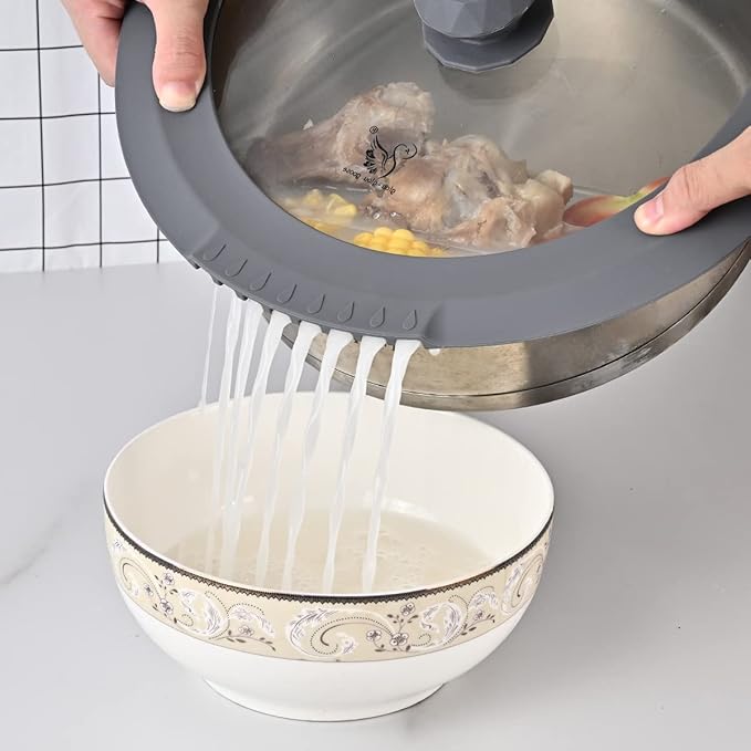 Tempered Strainer Lid for Stockpot Pasta Soup Pots - Universal Pan Lid with Heat Resistant Silicone Rim 10-12 inch Light Grey