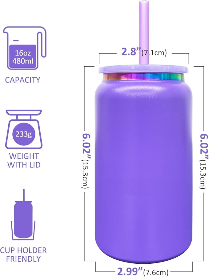 4 Pack Glass Cups with Lids and Straws, 16 oz Stainless Steel Cups, Insulated Skinny Tumbler, Powder Coated Travel Tumbler for Laser Engrave, Iced Coffee Cup for Smoothie Water DIY Gift(Purple,4 pack)