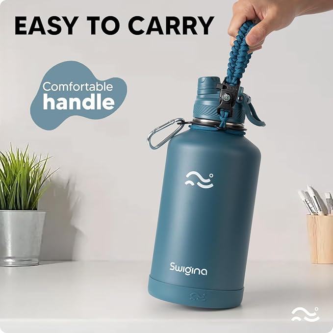 Swigina [2-IN-1 LID] 64 oz Insulated Water Bottle with Silicone Boot (48hrs Cold/24hrs Hot) - DIY Stickers, Leakproof, BPA Free, Half Gallon
