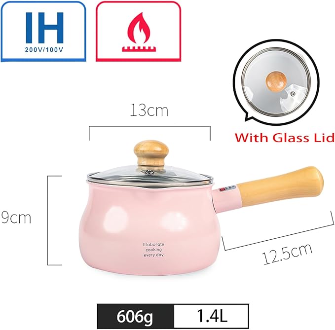 1.2L beige small milk pot with lid cute wooden handle household non-stick pan hot milk baby baby food supplement pot noodle soup pot(size: 5.1 inches long x 3.5 inches high)