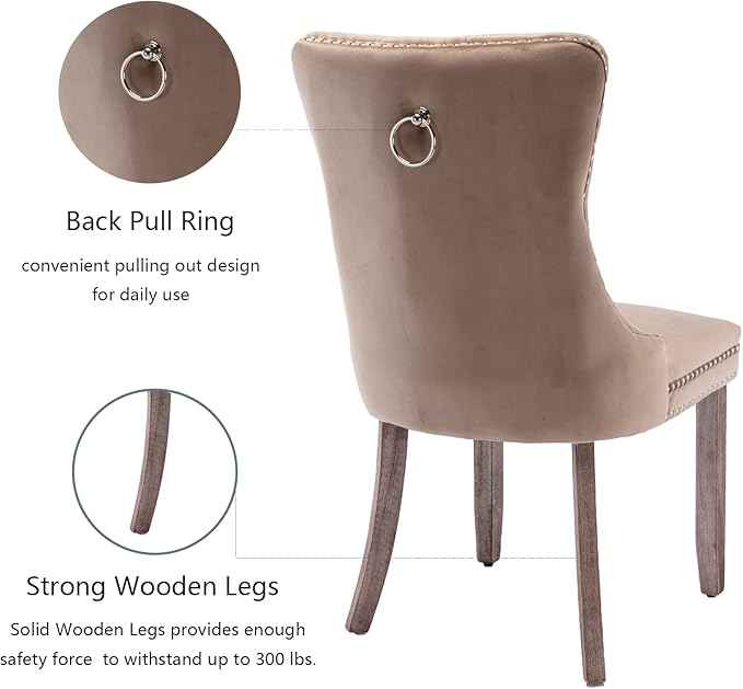 Upholstered Dining Chairs Set of 4, Velvet Dining Room Chairs with Back Ring Pull Trim and Solid Wood Legs, Tufted Wingback Kitchen Chair Perfect for Dining Room,Living Room,Kitchen(Khaki)