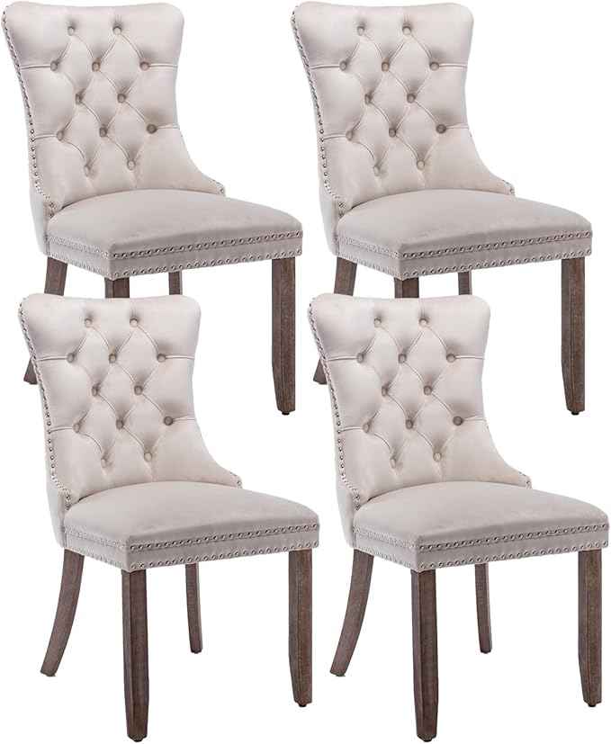 Beige Velvet Dining Chairs Set of 4, Upholstered Dining Room Chairs with Back Ring Pull Trim and Solid Wood Legs, Tufted Wingback Kitchen Chairs for Dining Room,Living Room,Kitchen(Beige)