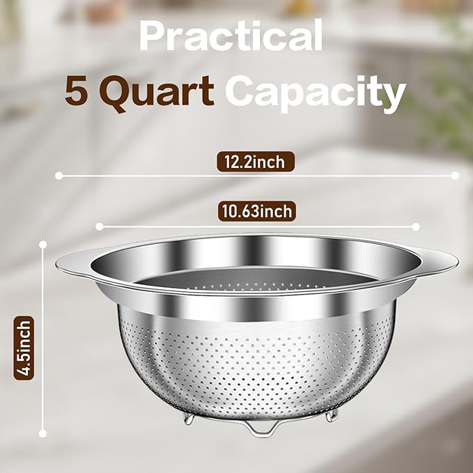 Stainless Steel Colander for Kitchen, 5 Quarts Stainless Steel Strainer, Pasta Strainer for Spaghetti Fruits Vegetables Cooking Food, Large Capacity with Handle Kitchen Food Strainer Basket - 1 Pack