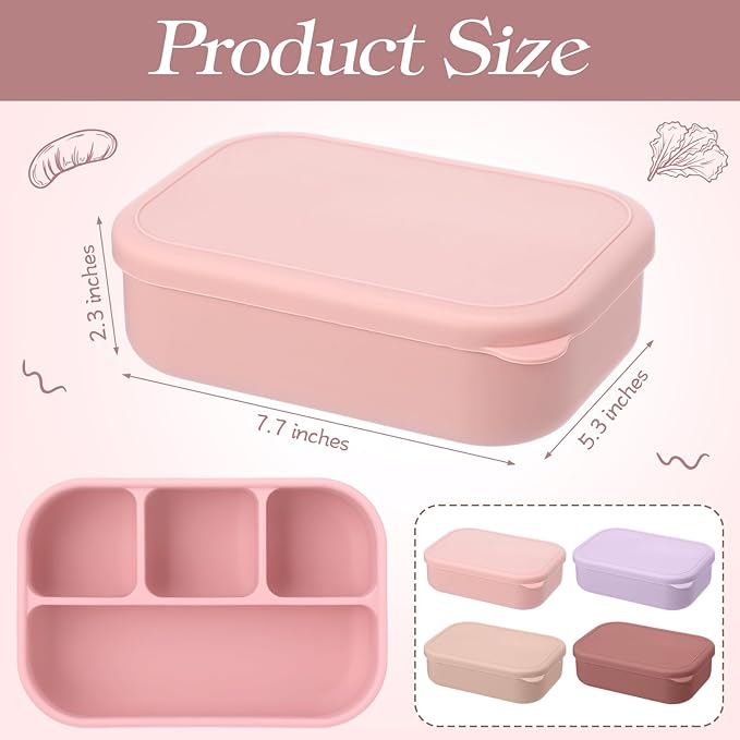 Potchen 4 Pcs Large 7.6x5x2 Inches Silicone Bento Box Reusable Lunch Container Leakproof Snack Meal Boxes for Work Travel Food Storage Microwave Dishwasher Freezer Safe 4 Compartment(Bright Color)