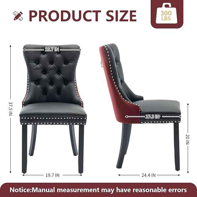 Dining Chairs Set of 2, Upholstered Dining Room Chairs with Back Ring Pull Trim and Solid Wood Legs, Modern Tufted Kitchen Chairs Perfect for Dining Room, Black Pu Leather Splicing WineRed Velvet