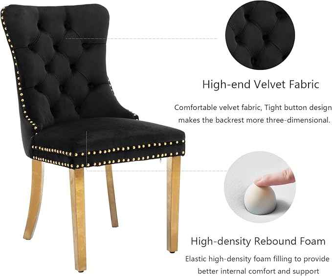 Black Dining Chairs Set of 6,Velvet Upholstered Dining Room Chairs with Back Ring Pull Trim and Golden Stainless Steel Legs,Modern Dining Chairs Perfect for Dining Room,Kitchen(Black)