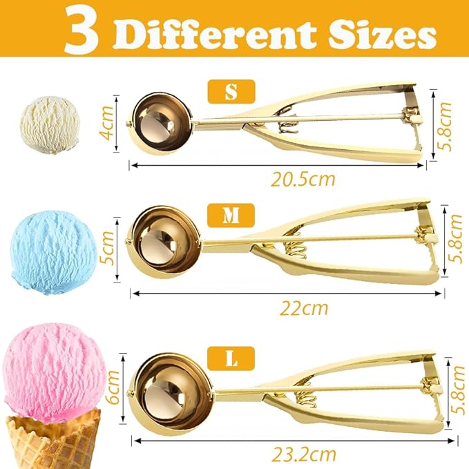 Stainless Steel Ice Cream Scoop Polished Melon Baller Scoop Metal Ice Cream Scoop with Trigger Cookie Scoop for Baking 3 sizes Fruit Spoons Kitchen (Rose Gold, M)