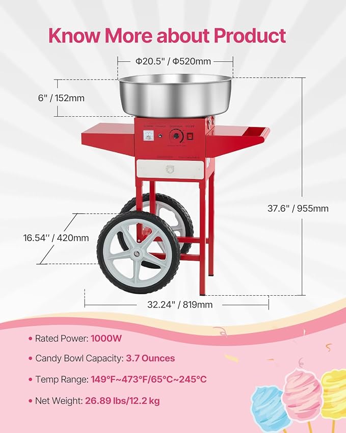 VEVOR Electric Cotton Candy Machine with Cart, 1000W Commercial Candy Floss Maker with 20.5 in Stainless Steel Bowl, Sugar Scoop, and Drawer, Easy to Use, for Home, Kids Birthday, Family Party, Red