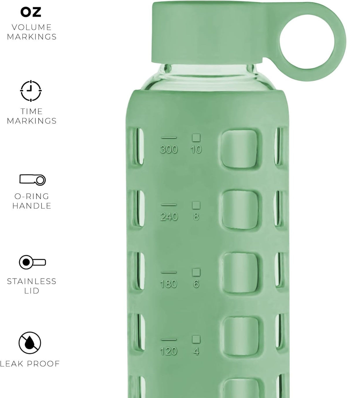 purifyou 40oz / 32oz / 22oz / 12oz Borosilicate Glass Water Bottle with Time & Volume Markers, Silicone Sleeve, Stainless Steel Lid – Reusable Glass Bottle for Water & Juice (12oz Shale Green)