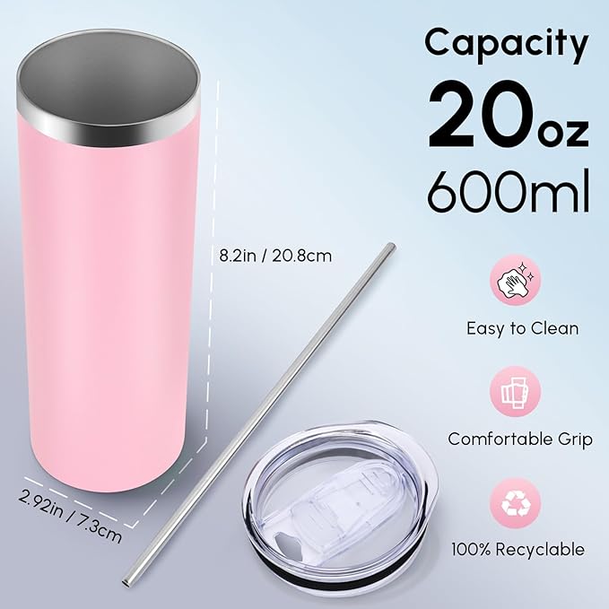 Volhoply 12 Pack Skinny Tumblers with Lid and Straw, 20oz Stainless Steel Straight Tumbler Bulk, Vacuum Insulated Coffee Mug for Home, Office, Travel, DIY (Pink,12 Pack)