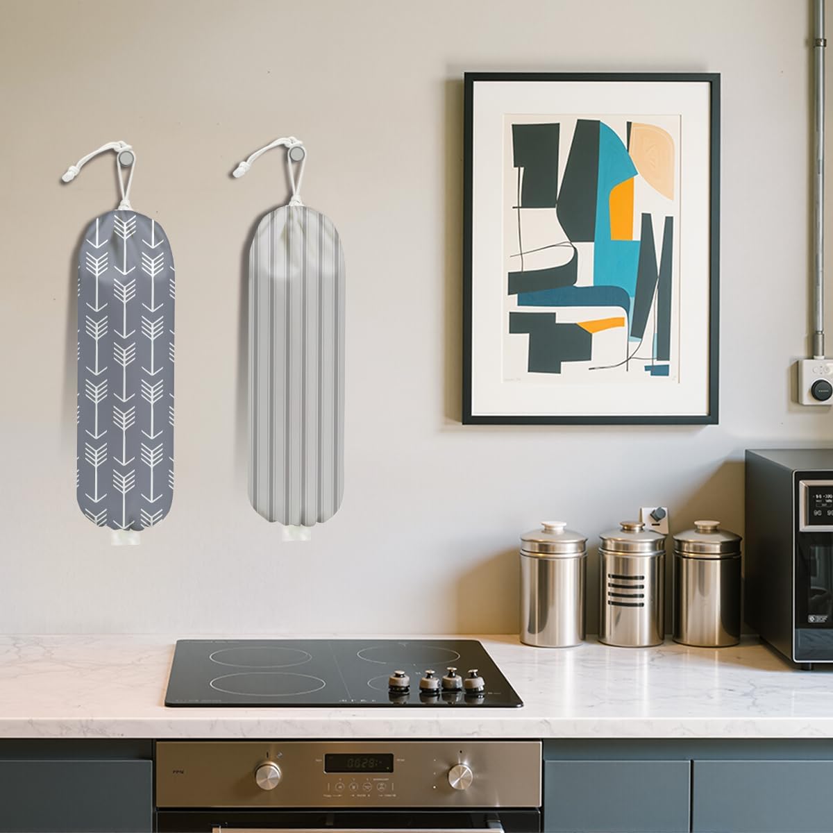 2Pcs Minimalism Stripe Plastic Bag Holder, Wall Mount Grocery Bag Holder for Plastic Bags, Abstract Art Arrow Reusable Organizer Grocery Bags with Drawstring, Housewarming Gifts for Women Mom