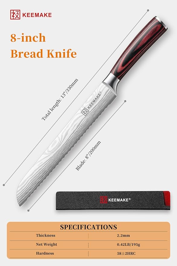 KEEMAKE Bread Knife, 8 Inch Serrated Bread Knife for Homemade Bread Ultra Sharp High Carbon Stainless Steel Blade, Professional Bread Cutting Knives for Sourdough Bread, Bagels, Cake