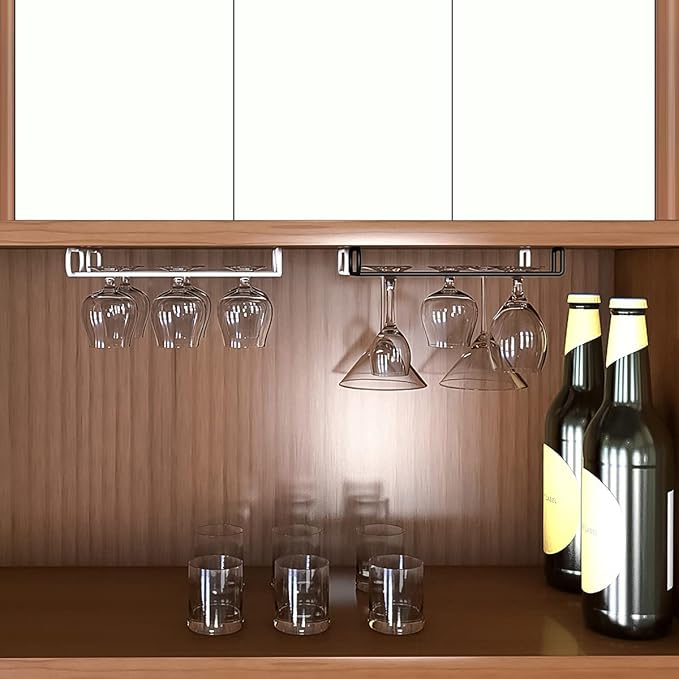 GeLive 10 Inch Under Cabinet Wine Glass Rack Stemware Holder Glass Storage Hanger Organizer for Kitchen and Bar Set of 2 (Black)