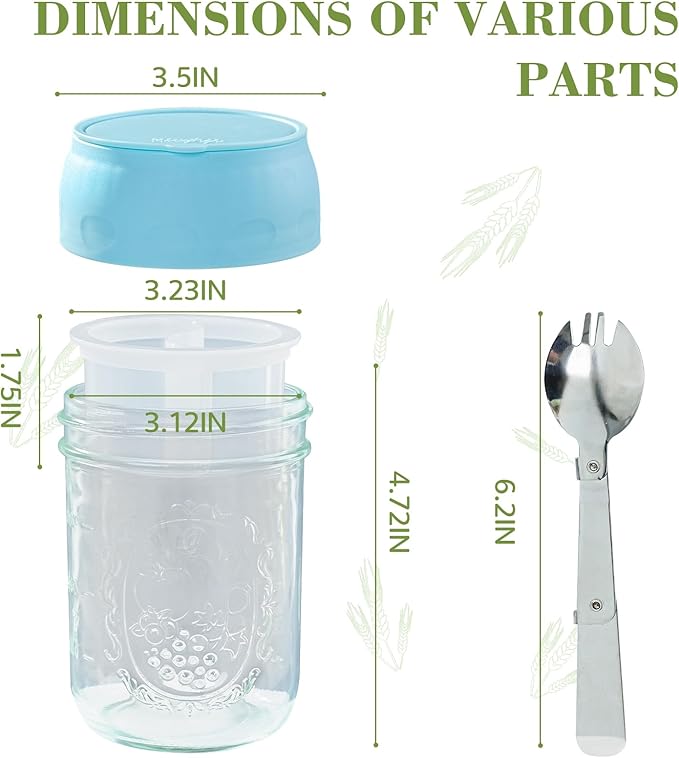 Miuyhji 4 Pack Overnight Oats Containers with Lids, Chia Seed Pudding Jars with Folding Spoons & Divided Compartments for Fruit & Nuts, 16oz Glass Mason Jars for Oatmeal Yogurt Meal Prep Parfait