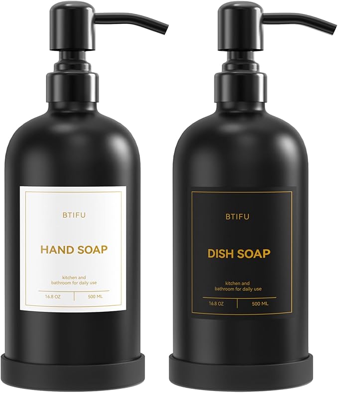 Kitchen Soap Dispenser Set – 16.8oz/500ml Glass Hand and Dish Soap Dispenser with Stainless Steel Pumps & Non-Slip Silicone Base, Luxury Countertop Decor for Home, Airbnb, Vacation Rental (Black)