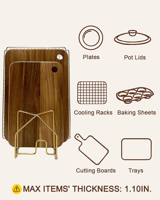 Pot Lid Organizer Cutting Board Holder Inside Cabinet 304 Stainless Steel Pot and Pan Organizer Under Cabinet Cover Cookie Sheet Bakeware Serving Tray Cooling Rack Stand Kitchen Countertop Matte Gold