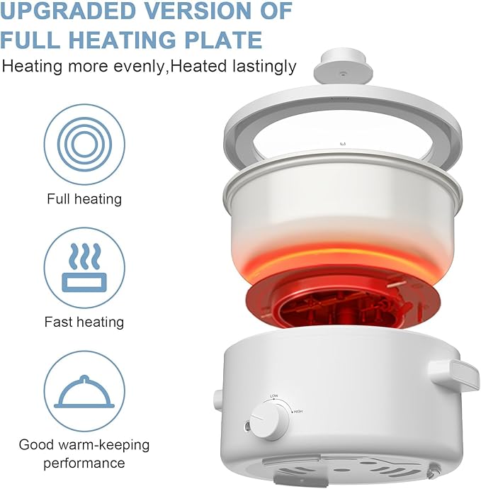 Electric Steamer for Cooking, 2L Ceramic Glaze Non-stick Pot, Dual Power Multi-functional Electric Cooker, Suitable for Steak, Pasta, Hot Pot, Ramen, Quick Heating and Overheat