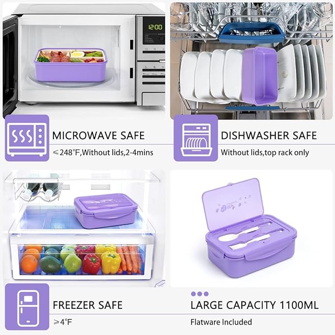 Bento Boxes for Adults - 1100 ML Bento Lunch Box Container For Kids With Spoon & Fork - Durable Perfect Size for On-the-Go Meal, BPA-Free and Food-Safe Materials(Purple)