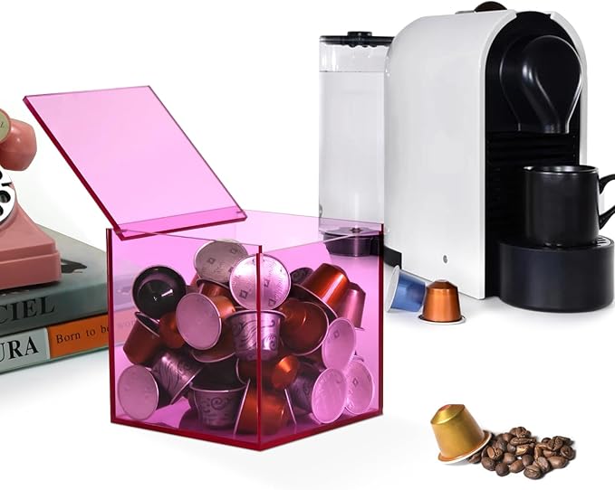 Coffee Capsule Storage Box Coffee Pod Holder Organizers Accessories Anti Dust Durable Clear Acrylic Box for House and Office Use, Pink, 5x5 In