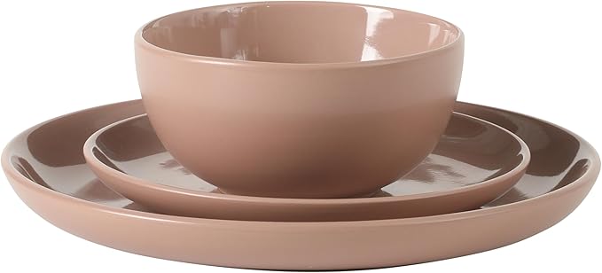 Gibson Home Rockaway 12 Piece Plates and Bowls Matte Outside/Shiny Inside Glaze Service for 4 Dinnerware Set - Pink - Dishwasher and Microwave Safe