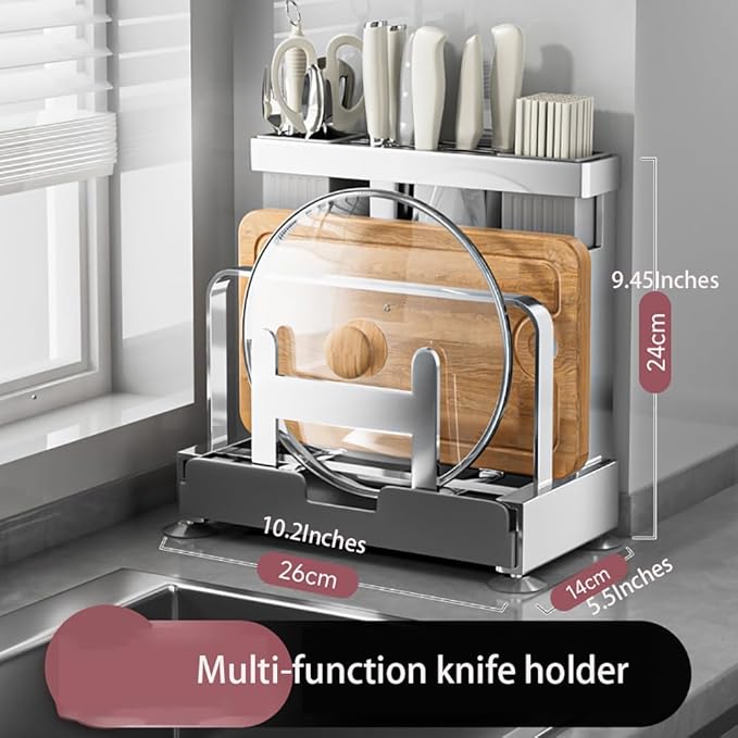 Multifunctional Cutting Board, Knife Drying Rack Kitchen Countertop Pot Lids Organizer, Knife Block Holder with Drain Tray Utensil Holders Bakeware Cookware Chopping Board Storage Stand