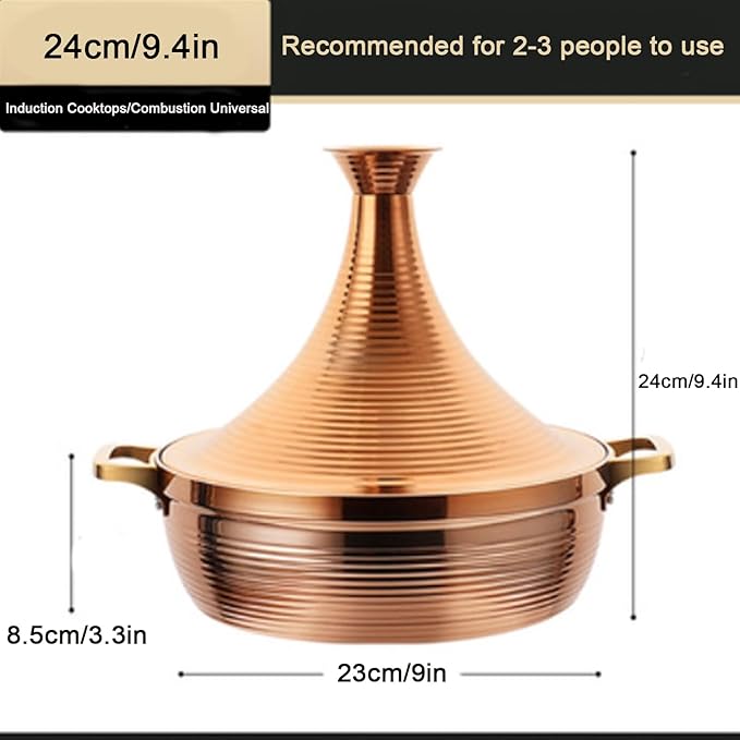 Stainless Steel Moroccan Tagine Pot, Large Moroccan Tajine Casserole with Cone-Shaped Lid, Non Stick Tagine Cooking Pot with 2 Handles(24cm/9.4in, Gold)