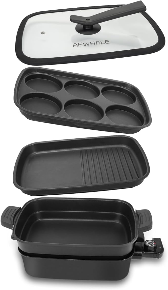 AEWHALE 3-in-1 Multifunctional Electric Grill,Electric Skillet Nonstick with Lids 1400W Party Griddle for Cooking Meats &Pancake