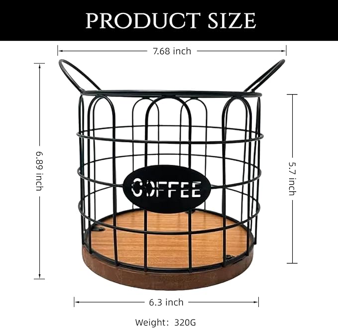Coffee Pod Holder, Large Capacity K Cup Holder Organizer,Big Metal Capsule Storage Basket with Wooden Base, Coffee Bar Decor Station Accessories for Kitchen Counter Office Desktop (Black)