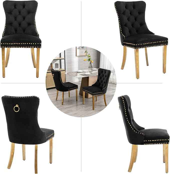 Black Velvet Dining Chairs Set of 4, Upholstered Dining Room Chairs with Back Ring Pull Trim and Golden Stainless Steel Legs,Modern Dining Chairs for Dining Room,Kitchen(Black)