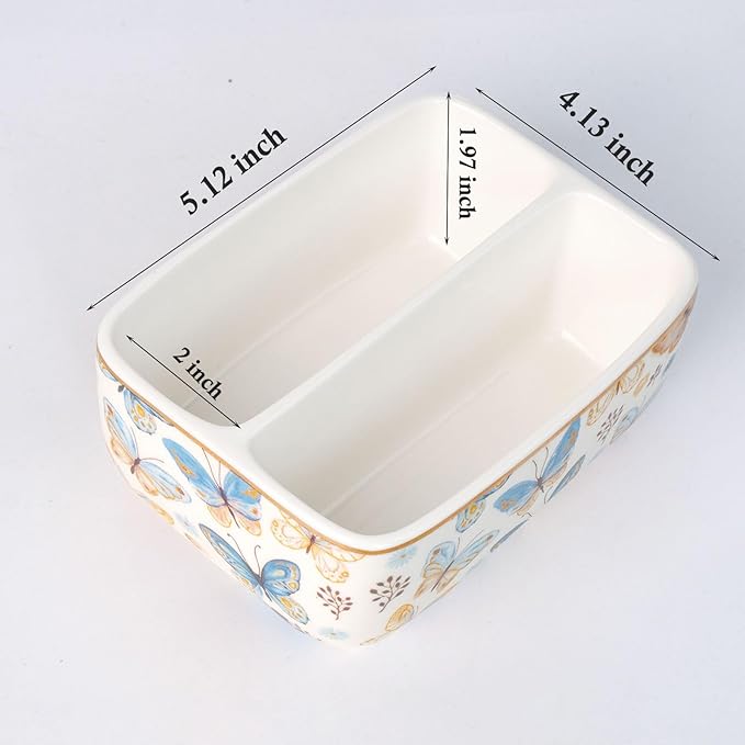 2 Compartments Ceramic Sponge Holder for Kitchen Sink, Cute Floral Pattern Countertop Dish Sponges Holder Soap Sink Organizer Caddy Farmhouse Home Kitchen Decor Butterfly