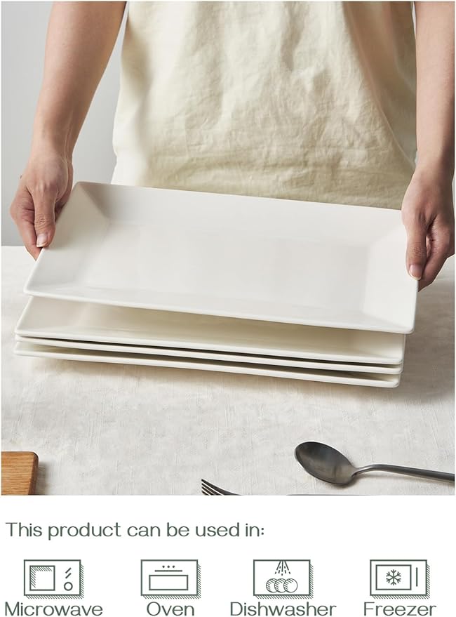 DOWAN 14" Serving Trays, Serving Platters, Ceramic Serving Platters and Trays, Rectangle Plates, Set of 4, for Weddings, Parties, Oven, Microwave, Dishwasher, Heat Resistant, Easy to Clean, White