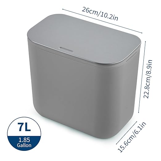 Hanging Kitchen Trash Can with Lid - 1.8 Gallon Small Compost Bin for Cabinet Door, Under Sink - Odor-Sealing Stainless Steel Top Food Waste Bin for RV, Bathroom, Office - Indoor Recycling Bin
