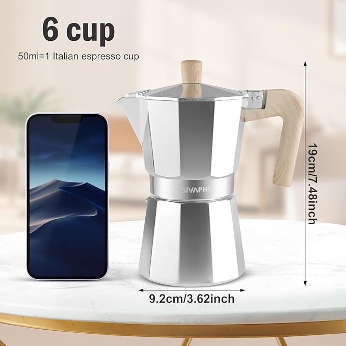 Sivaphe Aluminum Moka Pot 6 Espresso Cups, Percolator Espresso and Coffee Maker, Portable Stovetop Italian and Cuban Café Brewer for Home and Camping Sliver
