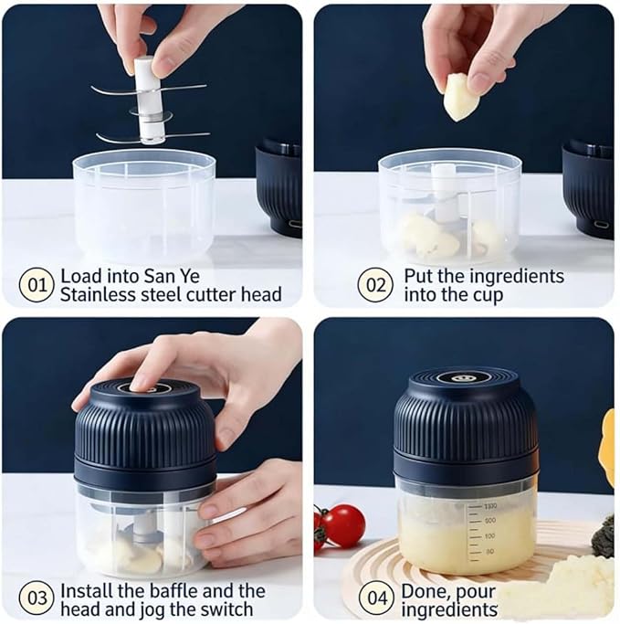 Household Electric Garlic Crusher, Electric Garlic Chopper, Mini Portable Veggie Chopper with 4/6 Stainless Steel Blades, Wireless Rechargeable Food Cutter for Garlic, Onion, Chili (2PCS-A,250ML)