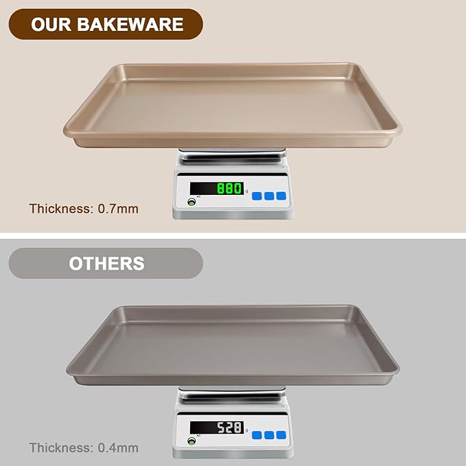 Baking Sheet Pan Set of 3, Commercial Cookie Sheets for Baking, Nonstick Half/Quarter/Jelly Roll Pans Replacement Toaster Oven Tray, Heavy Duty & Easy Clean, Champagne Gold