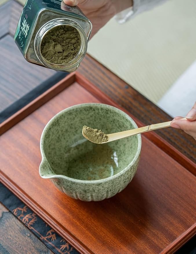 TANG PIN Matcha Set - Match Bowl and Whisk, 15 OZ, Matcha Scoop | Matcha Whisk Stand (Chasen Holder) - 5pc Perfect Matcha Kit for Matcha Tea Ceremony (Mottled Green)