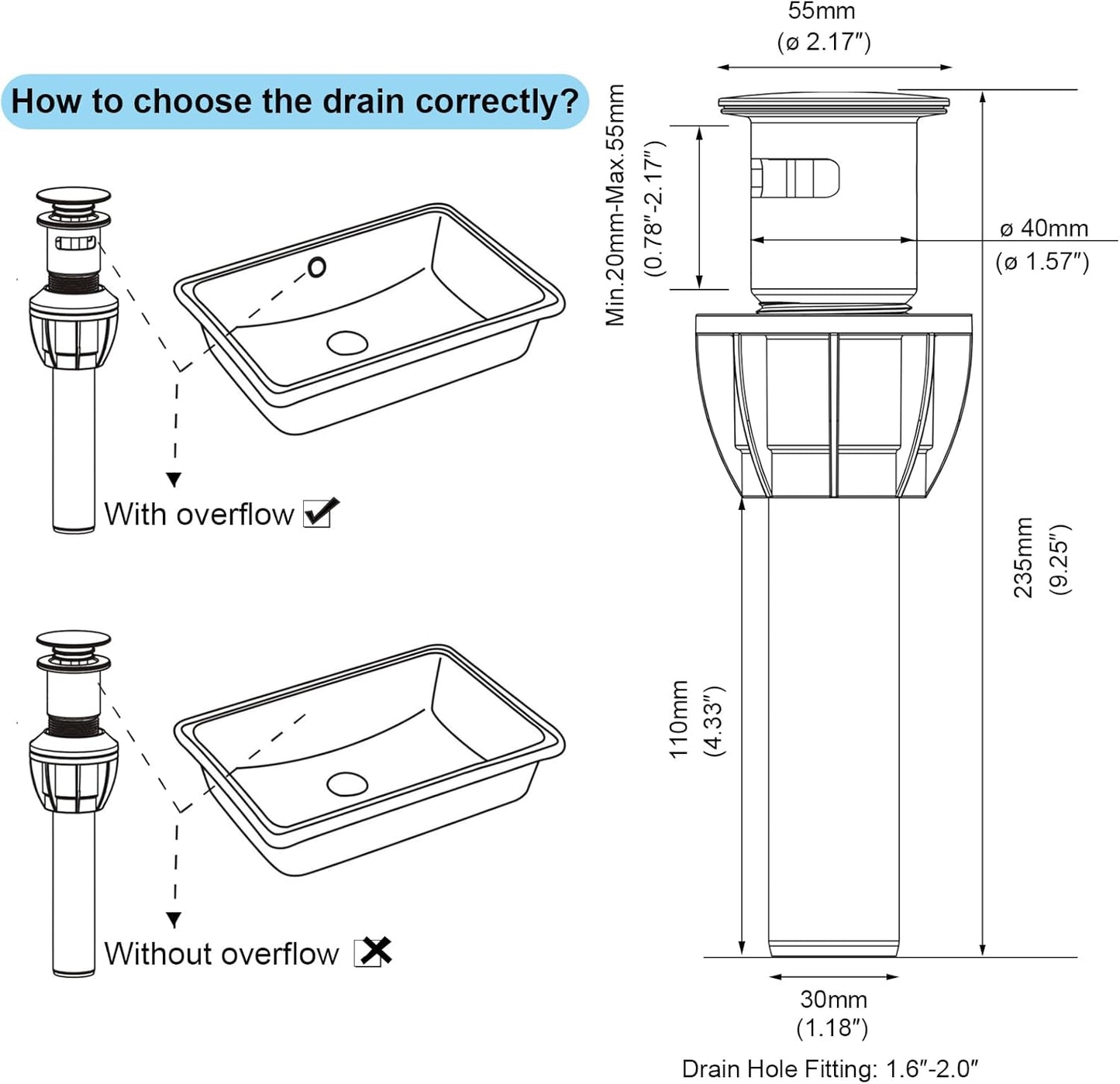 Bathroom Sink Drain, Pop Up Drain Stopper with Overflow, Lavatory Vanity Vessel Sink Drain Assembly, Matte Black